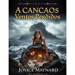 A captivating book cover design featuring a dark and misty island in the background, enveloped by a turbulent ocean with crashing waves