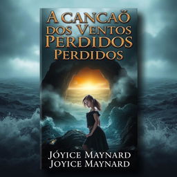 A captivating book cover design featuring a dark and misty island in the background, enveloped by a turbulent ocean with crashing waves