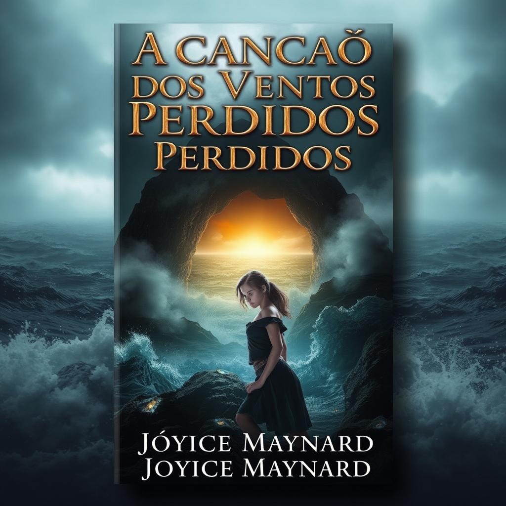 A captivating book cover design featuring a dark and misty island in the background, enveloped by a turbulent ocean with crashing waves