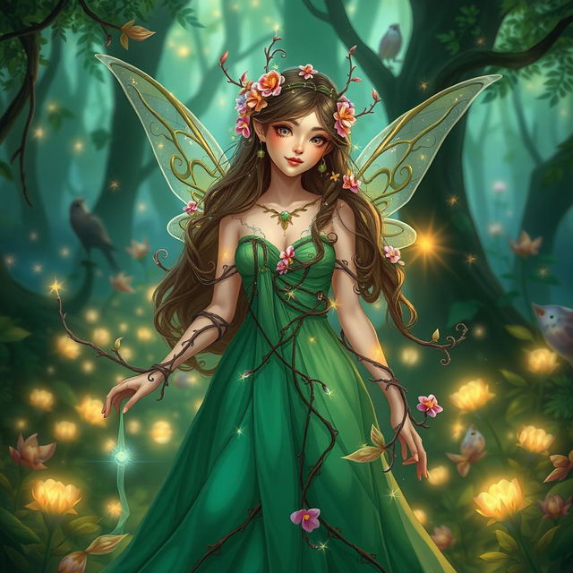 A female character inspired by a thorn-themed fairy from the enchanting world of Narnia, depicted with beautiful thorn-like adornments in her flowing emerald dress, intricate vines weaving around her arms, and vibrant flower blooms nestled in her hair