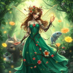 A female character inspired by a thorn-themed fairy from the enchanting world of Narnia, depicted with beautiful thorn-like adornments in her flowing emerald dress, intricate vines weaving around her arms, and vibrant flower blooms nestled in her hair