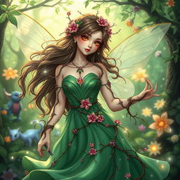 A female character inspired by a thorn-themed fairy from the enchanting world of Narnia, depicted with beautiful thorn-like adornments in her flowing emerald dress, intricate vines weaving around her arms, and vibrant flower blooms nestled in her hair