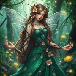 A female character inspired by a thorn-themed fairy from the enchanting world of Narnia, depicted with beautiful thorn-like adornments in her flowing emerald dress, intricate vines weaving around her arms, and vibrant flower blooms nestled in her hair
