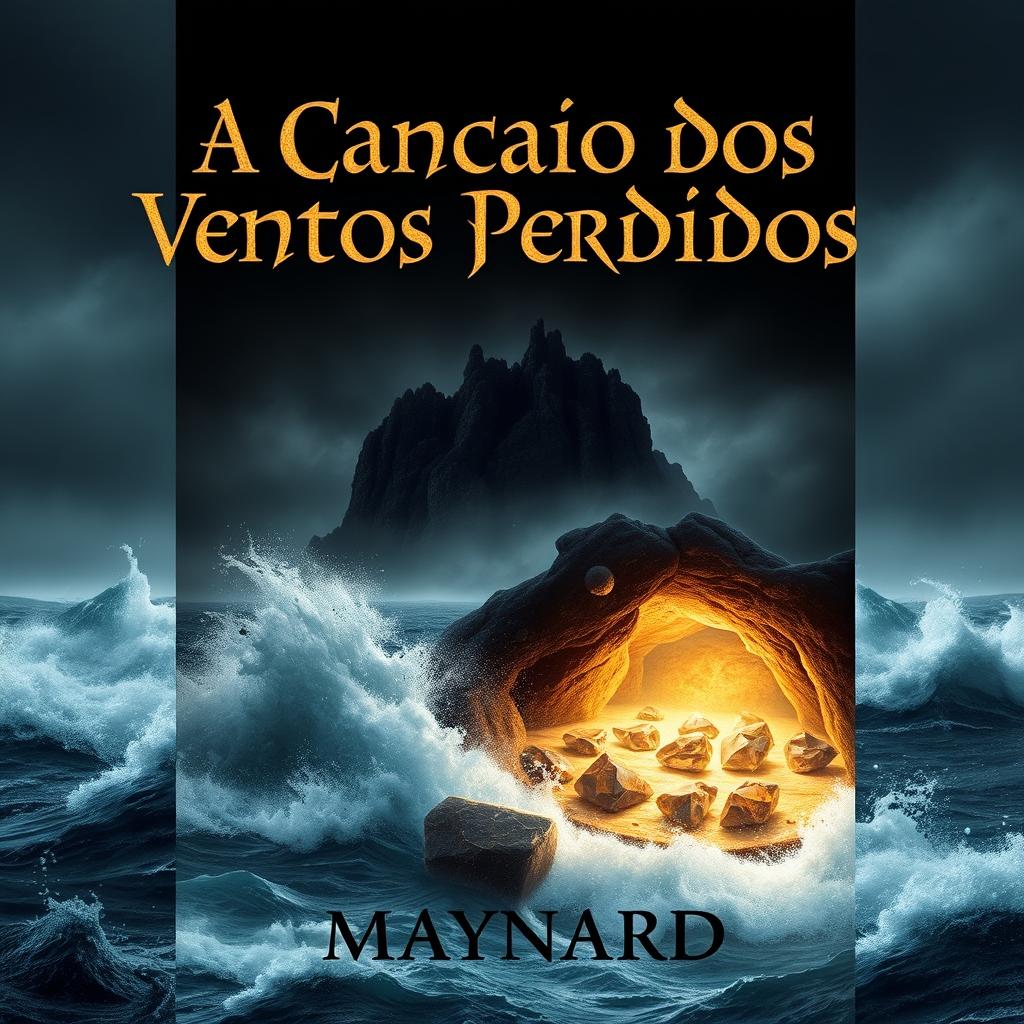 A striking book cover design showcasing a dark and misty island in the background, surrounded by a turbulent ocean with wild, crashing waves