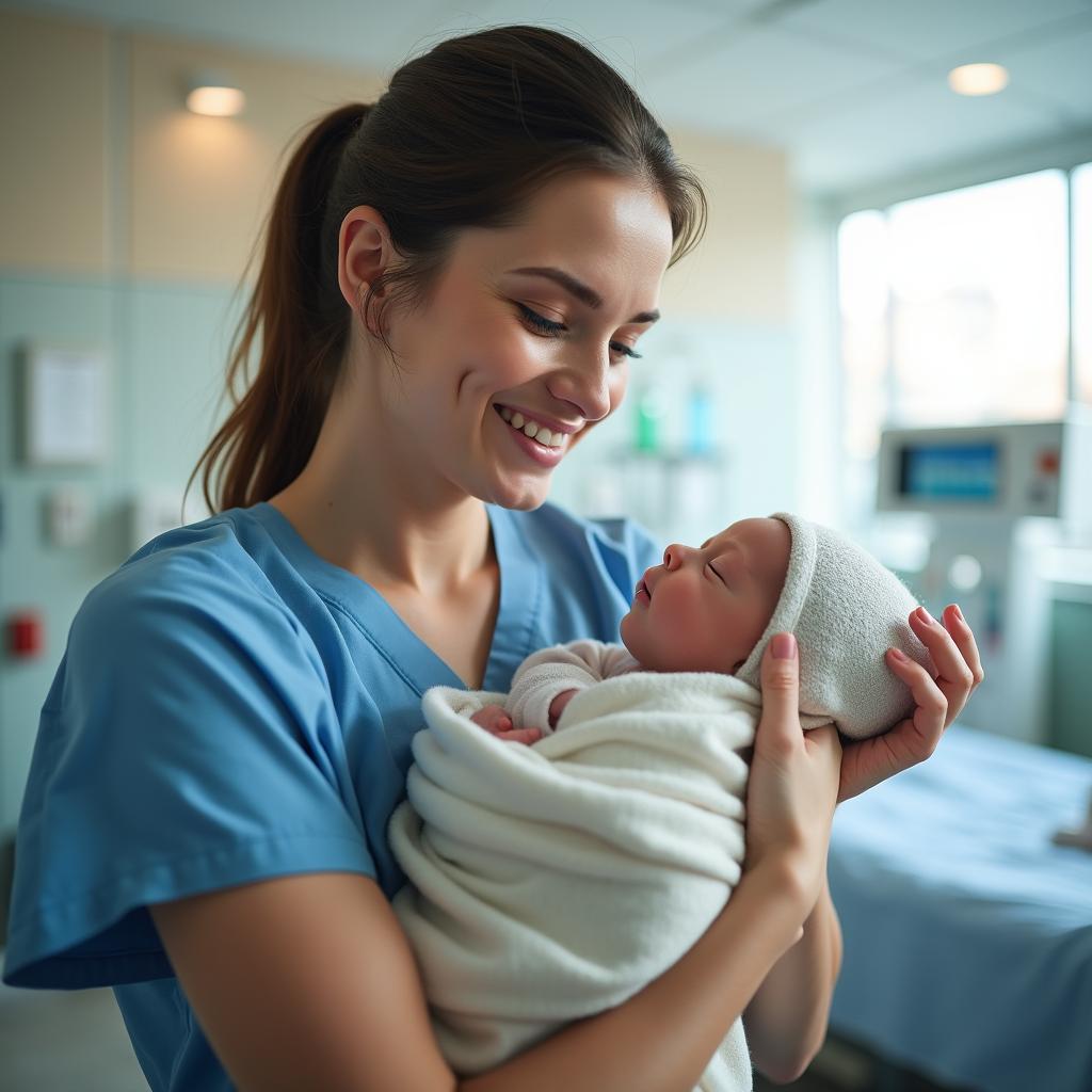 A realistic portrayal of a compassionate nurse gently caring for a baby in a bright, well-equipped hospital room