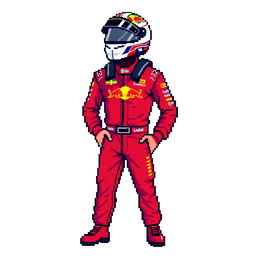 A full-body pixel art representation of Max Verstappen in his racing gear, standing confidently with a racing helmet on