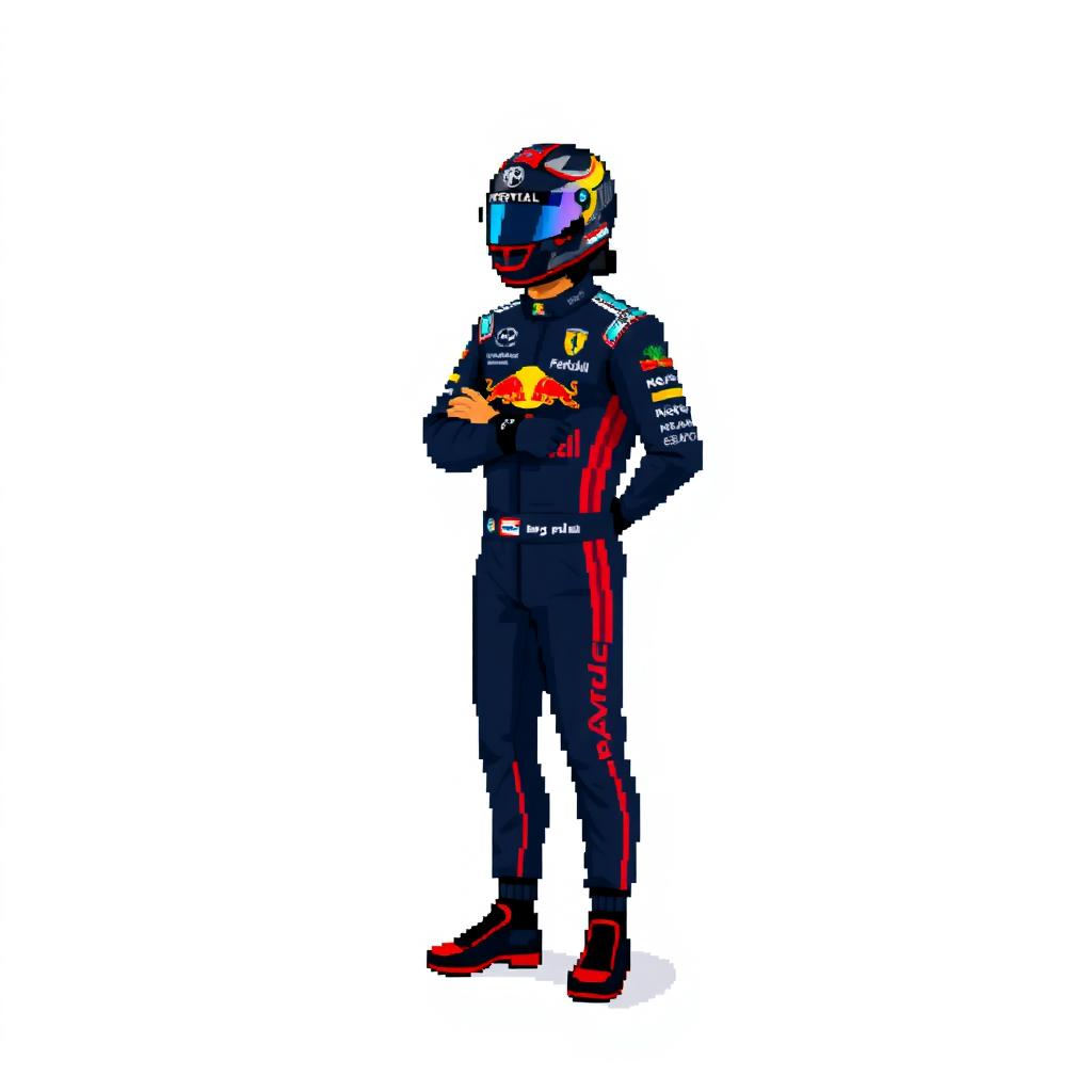 A full-body pixel art representation of Max Verstappen in his racing gear, standing confidently with a racing helmet on
