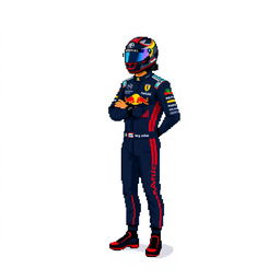 A full-body pixel art representation of Max Verstappen in his racing gear, standing confidently with a racing helmet on