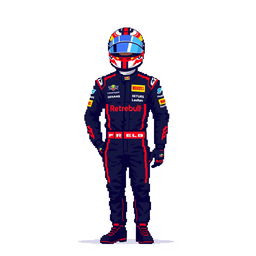 A full-body pixel art representation of Max Verstappen in his racing gear, standing confidently with a racing helmet on