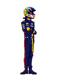 A full-body pixel art representation of Max Verstappen in his racing gear, standing confidently with a racing helmet on