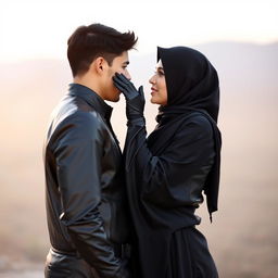 A beautiful hijab-wearing woman dressed in a very tight, shiny black leather abaya