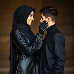 A beautiful hijab-wearing woman dressed in a very tight, shiny black leather abaya