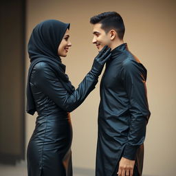 A beautiful hijab-wearing woman dressed in a very tight, shiny black leather abaya
