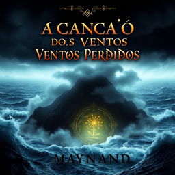 A mesmerizing book cover design featuring a dark and misty island in the background, shrouded by a turbulent ocean with intense, crashing waves