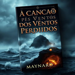 A mesmerizing book cover design featuring a dark and misty island in the background, shrouded by a turbulent ocean with intense, crashing waves