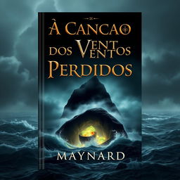 A mesmerizing book cover design featuring a dark and misty island in the background, shrouded by a turbulent ocean with intense, crashing waves