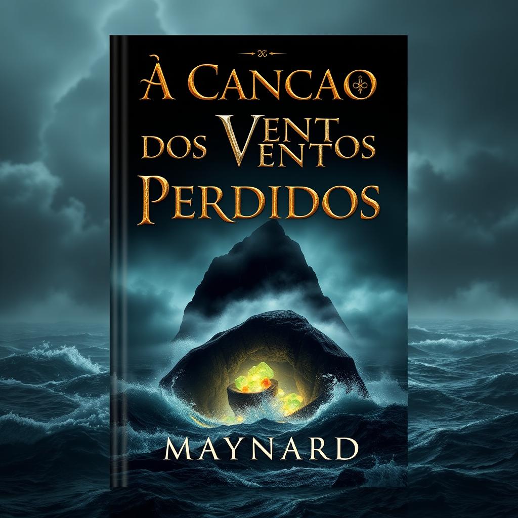 A mesmerizing book cover design featuring a dark and misty island in the background, shrouded by a turbulent ocean with intense, crashing waves