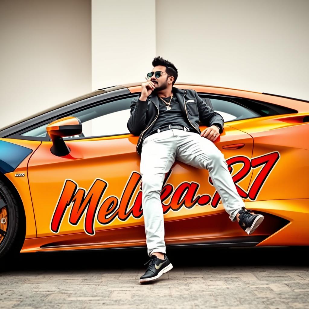 A stylish man lounging on a sleek, high-end luxury sports car, smoking a cigarette casually