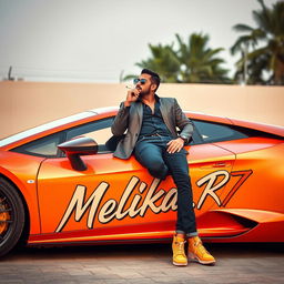 A stylish man lounging on a sleek, high-end luxury sports car, smoking a cigarette casually