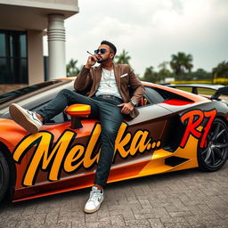 A stylish man lounging on a sleek, high-end luxury sports car, smoking a cigarette casually