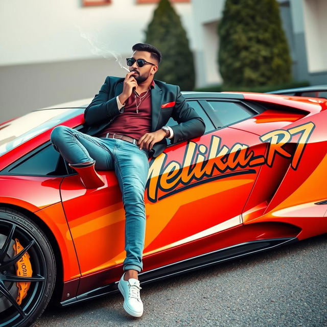 A stylish man lounging on a sleek, high-end luxury sports car, smoking a cigarette casually
