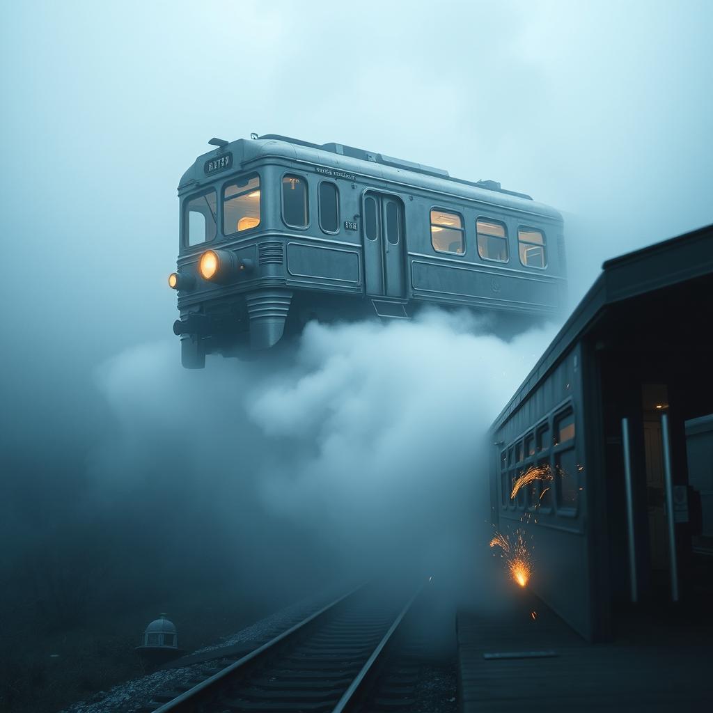 A vintage metallic train emerging through a dense fog, floating just above the tracks