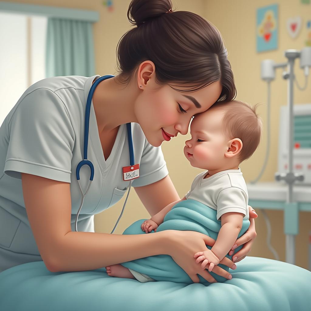A realistic scene depicting a nurse gently kissing a baby boy on the forehead