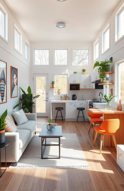 A beautifully designed mock-up of a tiny home interior showcasing modern, minimalist living