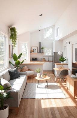 A beautifully designed mock-up of a tiny home interior showcasing modern, minimalist living