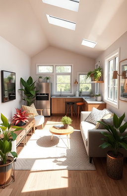 A beautifully designed mock-up of a tiny home interior showcasing modern, minimalist living