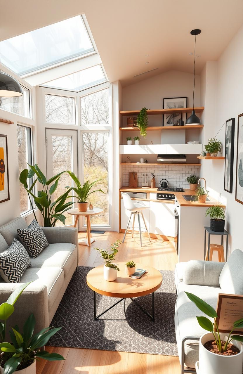 A beautifully designed mock-up of a tiny home interior showcasing modern, minimalist living