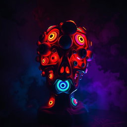 A striking psychedelic statue composed entirely of colorful, swirling eyeballs, set against a backdrop of a dark and mysterious atmosphere