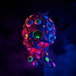 A striking psychedelic statue composed entirely of colorful, swirling eyeballs, set against a backdrop of a dark and mysterious atmosphere