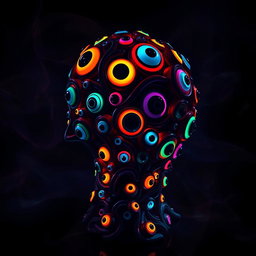 A striking psychedelic statue composed entirely of colorful, swirling eyeballs, set against a backdrop of a dark and mysterious atmosphere