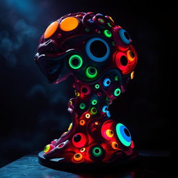 A striking psychedelic statue composed entirely of colorful, swirling eyeballs, set against a backdrop of a dark and mysterious atmosphere