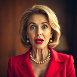 A beautiful 50-year-old woman dressed in a striking red outfit stands front-facing, looking directly at the camera with a surprised expression