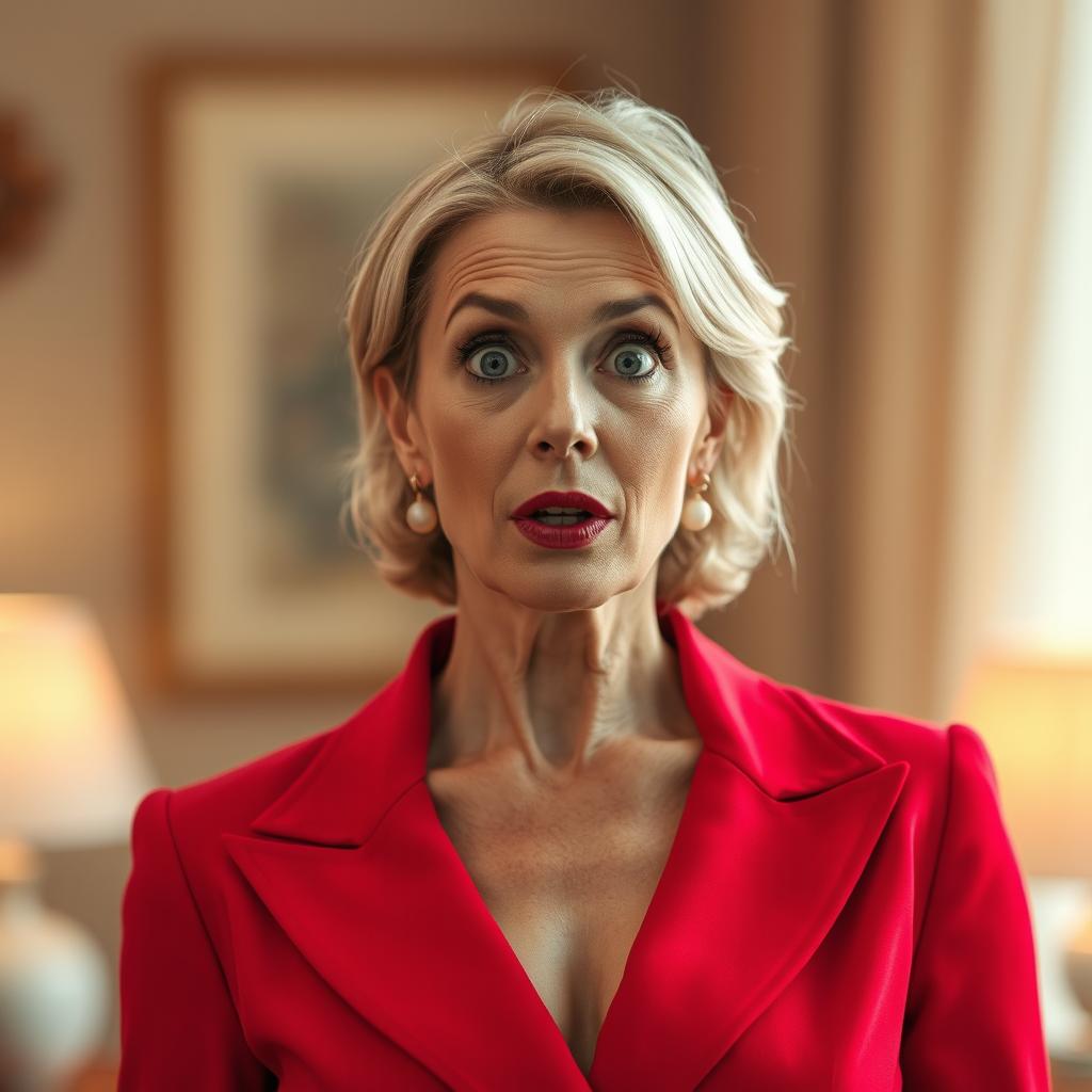 A beautiful 50-year-old woman dressed in a striking red outfit stands front-facing, looking directly at the camera with a surprised expression