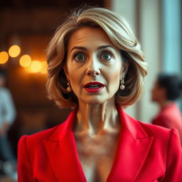 A beautiful 50-year-old woman dressed in a striking red outfit stands front-facing, looking directly at the camera with a surprised expression