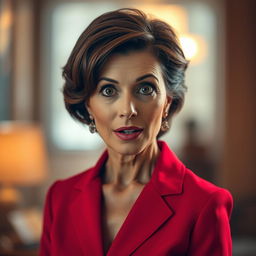 A beautiful 50-year-old woman dressed in a striking red outfit stands front-facing, looking directly at the camera with a surprised expression
