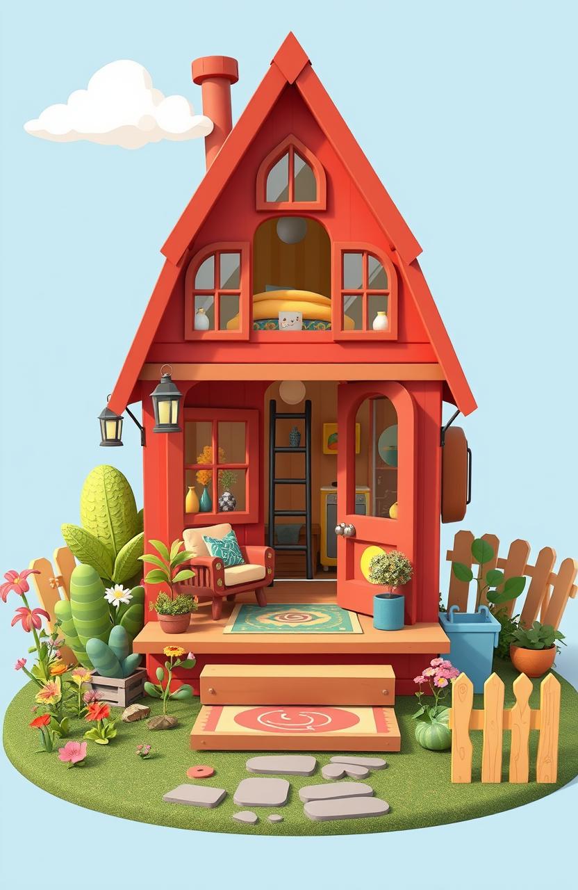 A whimsical cartoon-style mock-up of a tiny home, featuring quirky and colorful architecture