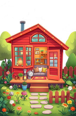 A whimsical cartoon-style mock-up of a tiny home, featuring quirky and colorful architecture