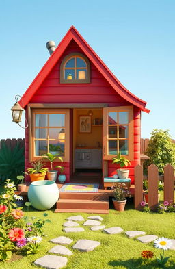 A whimsical cartoon-style mock-up of a tiny home, featuring quirky and colorful architecture