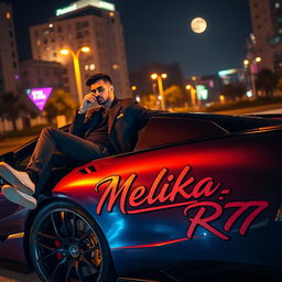 A stylish man lounging on a sleek, high-end luxury sports car at night, illuminated by the ambient city lights