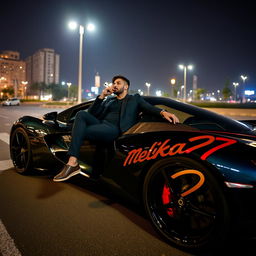 A stylish man lounging on a sleek, high-end luxury sports car at night, illuminated by the ambient city lights