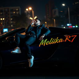 A stylish man lounging on a sleek, high-end luxury sports car at night, illuminated by the ambient city lights