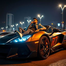 A stylish man lounging on a sleek, high-end luxury sports car at night, illuminated by the ambient city lights