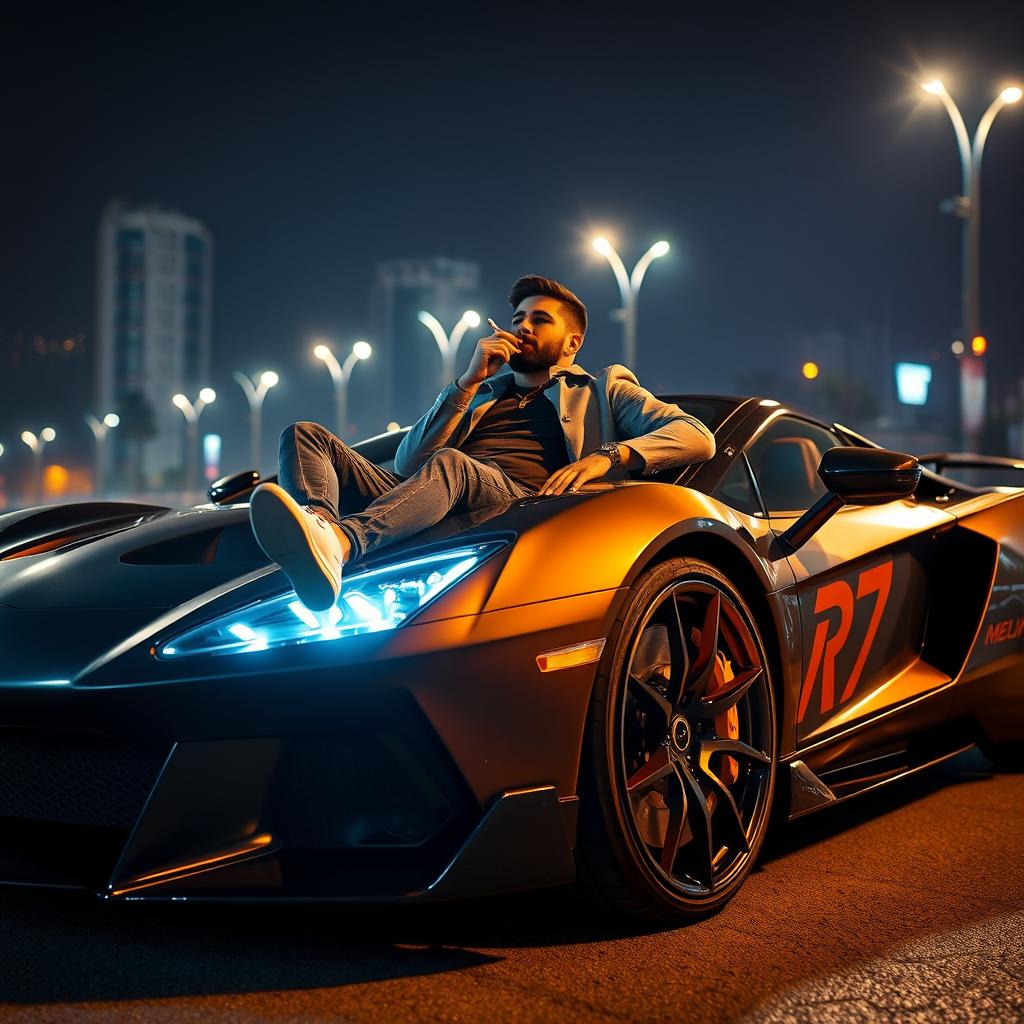 A stylish man lounging on a sleek, high-end luxury sports car at night, illuminated by the ambient city lights