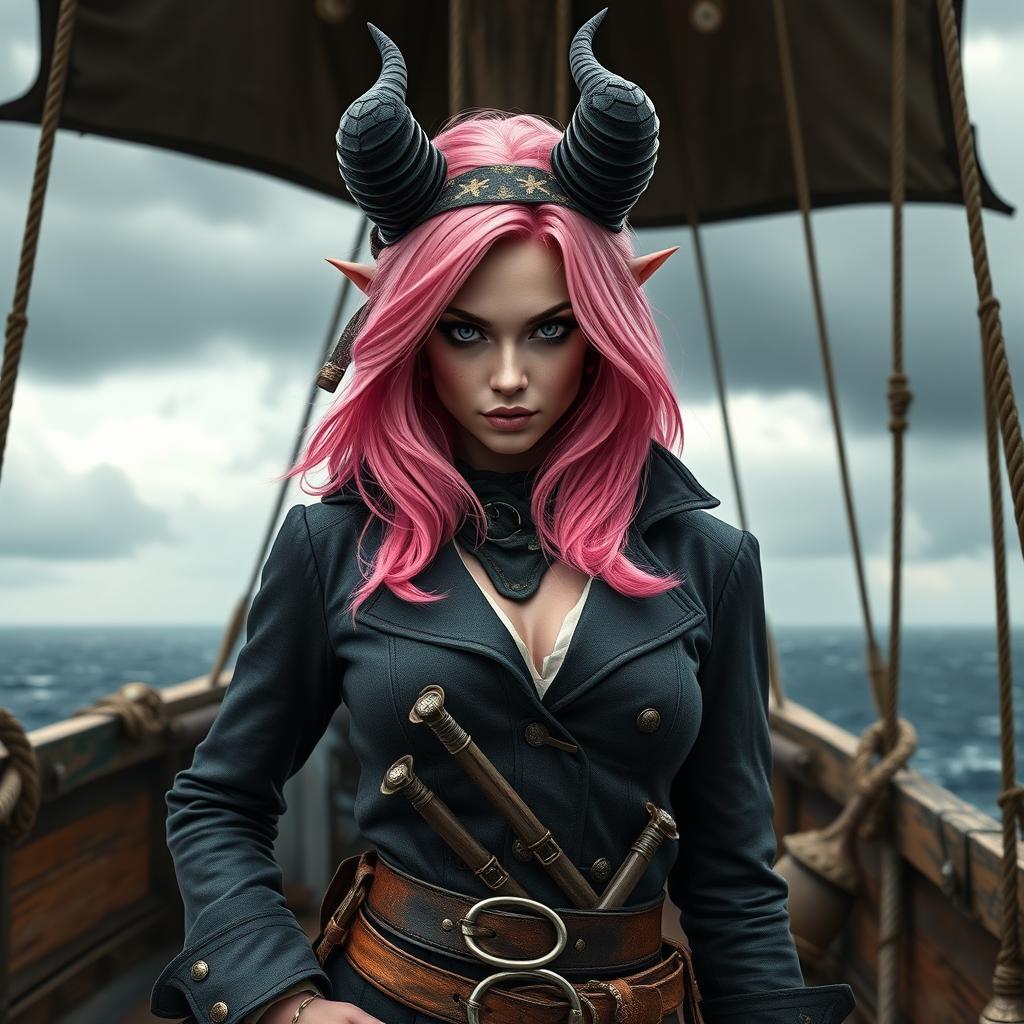 A captivating tiefling woman with striking pink skin and shoulder-length pink hair that flows elegantly