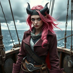 A captivating tiefling woman with striking pink skin and shoulder-length pink hair that flows elegantly