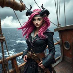 A captivating tiefling woman with striking pink skin and shoulder-length pink hair that flows elegantly
